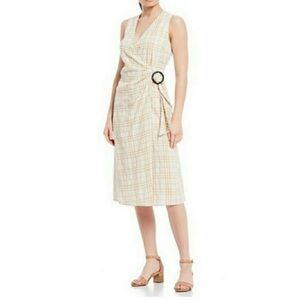 Alex Marie Khaki Ivory Plaid Faux Wrap Midi Dress Size 8